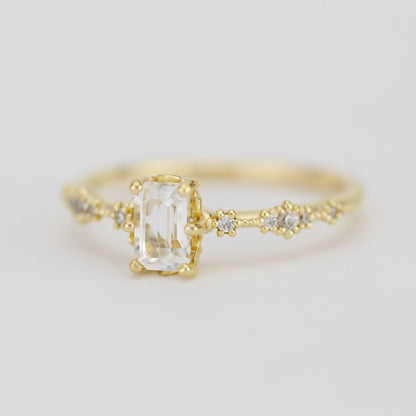 Lace diamond ring, engagement ring diamond and white topaz simple, white topaz emerald cut promise ring |R326WT