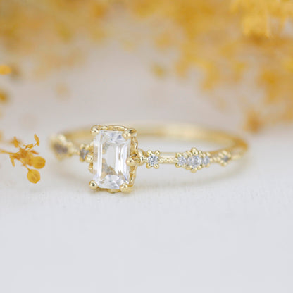 Lace diamond ring, engagement ring diamond and white topaz simple, white topaz emerald cut promise ring |R326WT