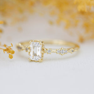 Lace diamond ring, engagement ring diamond and white topaz simple, white topaz emerald cut promise ring |R326WT