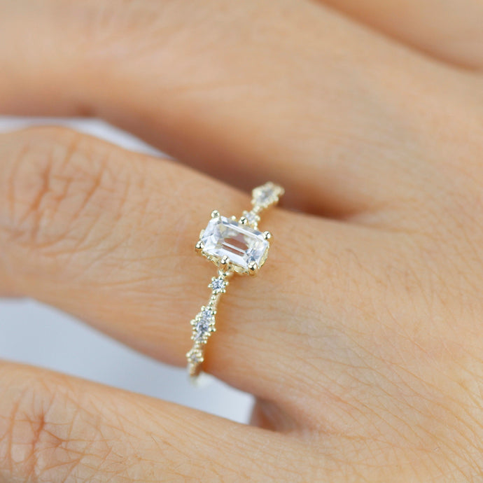 Lace diamond ring, engagement ring diamond and white topaz simple, white topaz emerald cut promise ring |R326WT