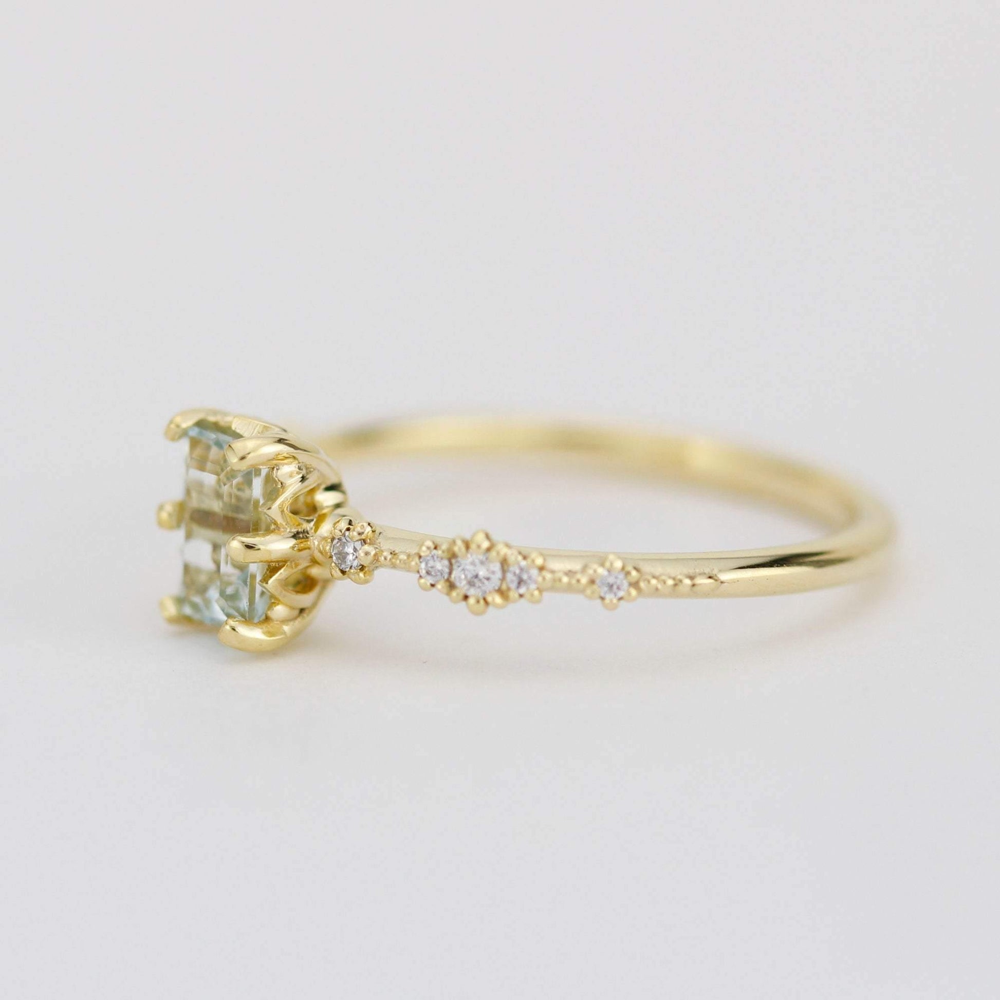 6x4 Emerald cut aquamarine and diamond engagement ring |  R326AQ - NOOI JEWELRY