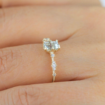 6x4 Emerald cut aquamarine and diamond engagement ring |  R326AQ - NOOI JEWELRY