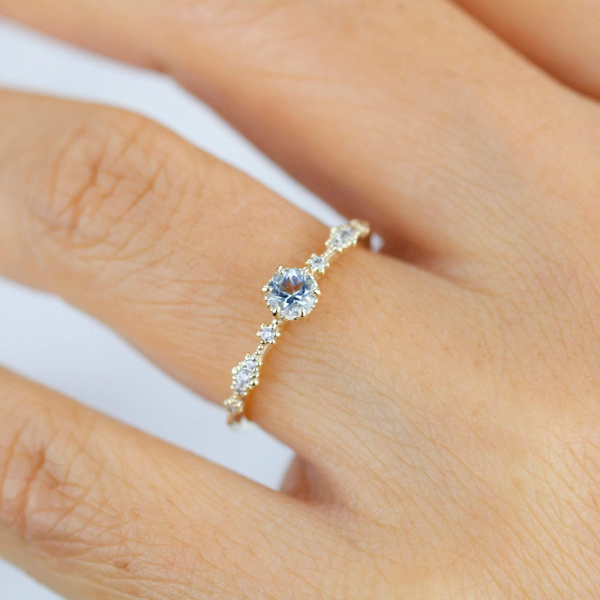 Simple aquamarine and diamond engagement ring, Lace diamond engagement ring | R323AQ - NOOI JEWELRY