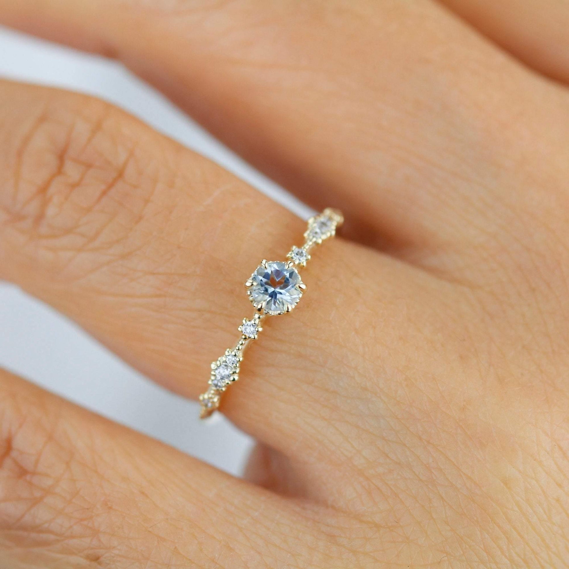 Simple aquamarine and diamond engagement ring, Lace diamond engagement ring | R323AQ - NOOI JEWELRY