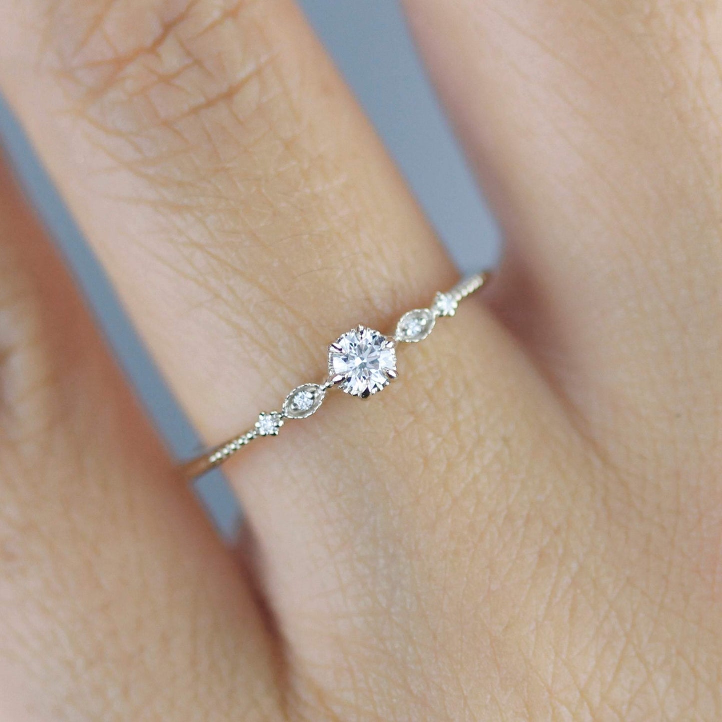 Simple diamond engagement ring, delicate engagement ring vintage unique, Marquise engagement ring |R303NWWD - NOOI JEWELRY