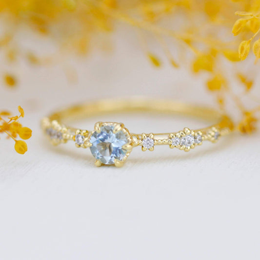 Simple aquamarine and diamond engagement ring, Lace diamond engagement ring | R323AQ - NOOI JEWELRY