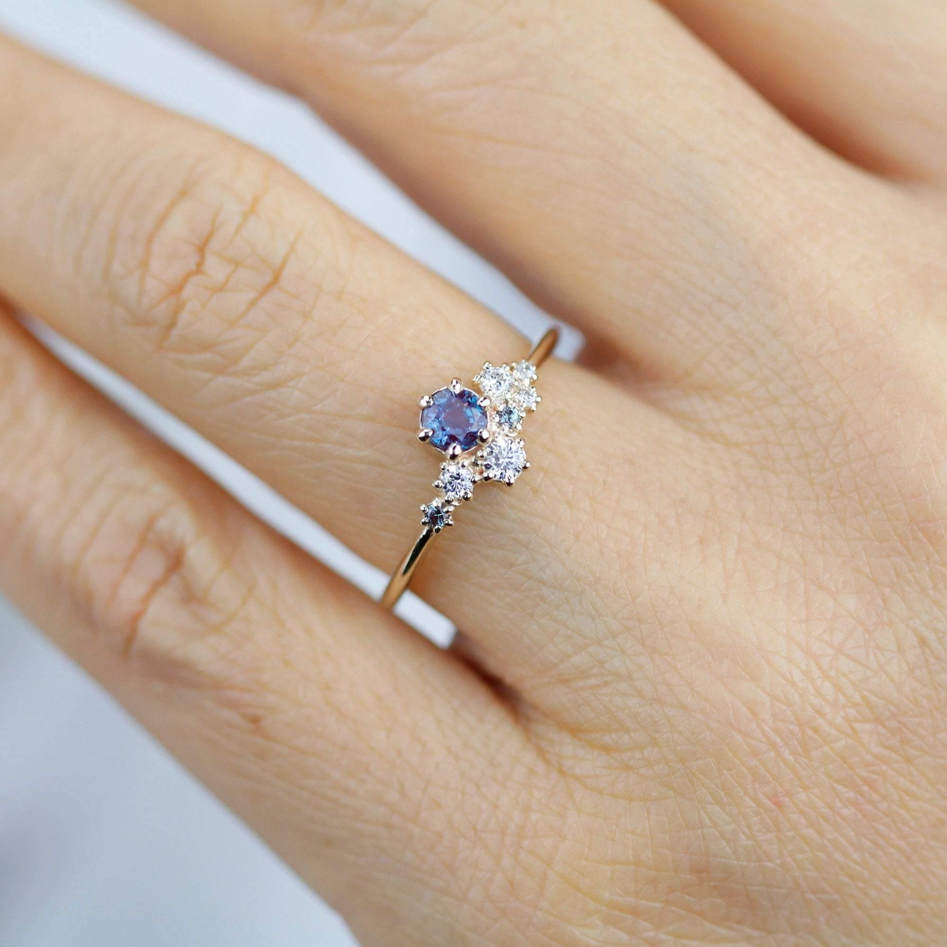 Alexandrite Engagement ring, Lab alexandrite engagement ring, Cluster ring diamond | R320AX - NOOI JEWELRY