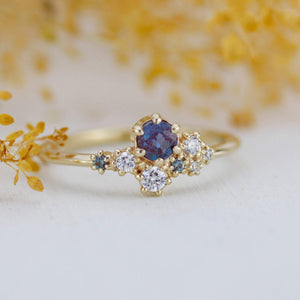 Alexandrite Engagement ring, Lab alexandrite engagement ring, Cluster ring diamond | R320AX - NOOI JEWELRY