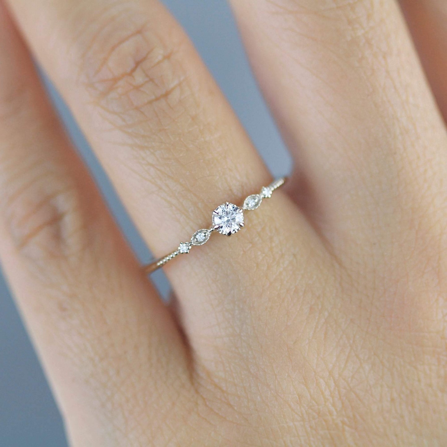 Simple diamond engagement ring, delicate engagement ring vintage unique, Marquise engagement ring |R303NWWD - NOOI JEWELRY