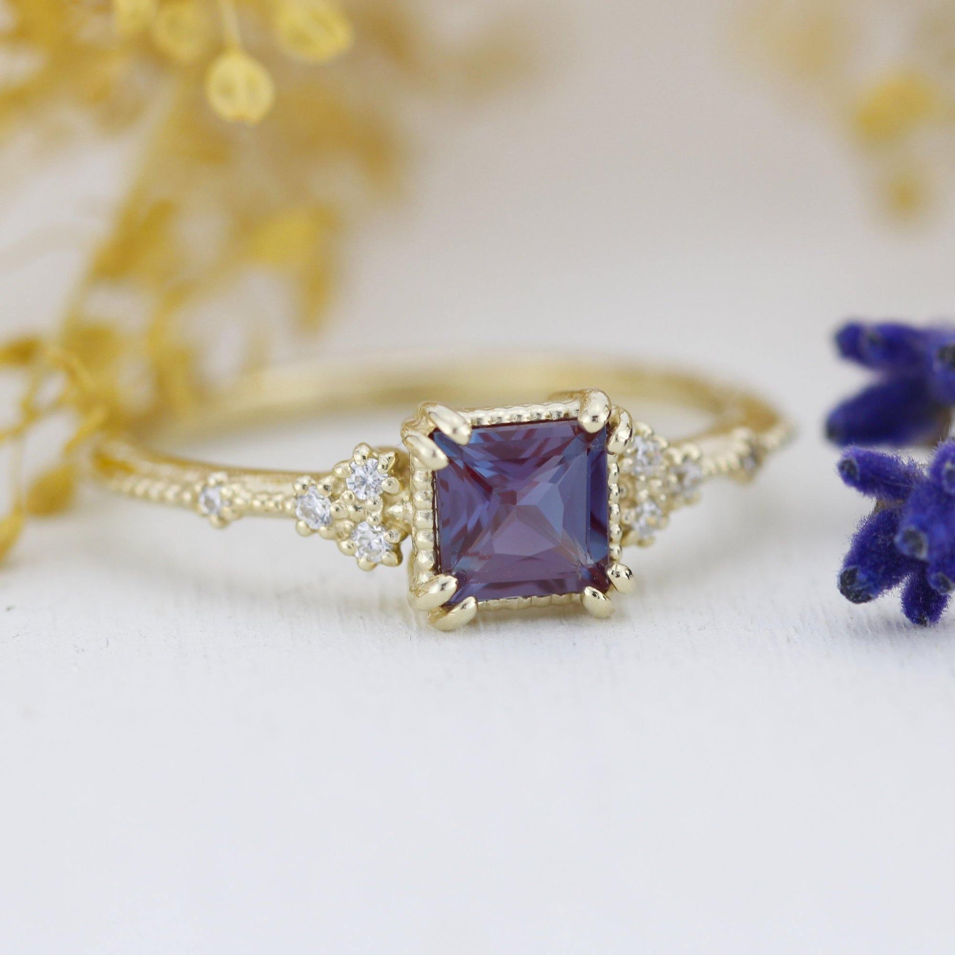 Alexandrite engagement ring, Princess cut engagement ring | R337ALEX - NOOI JEWELRY