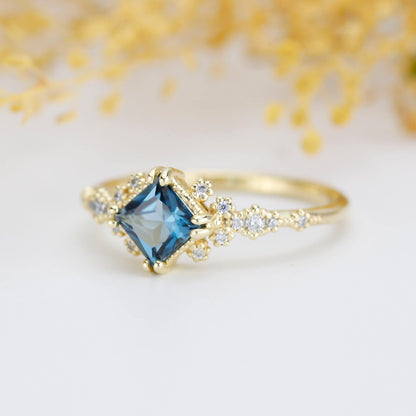 Princess cut engagement ring, vintage engagement rings London blue topaz and diamond| R339LBT - NOOI JEWELRY