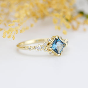 Princess cut engagement ring, vintage engagement rings London blue topaz and diamond| R339LBT - NOOI JEWELRY