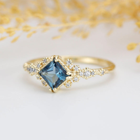 Princess cut engagement ring, vintage engagement rings London blue topaz and diamond| R339LBT - NOOI JEWELRY
