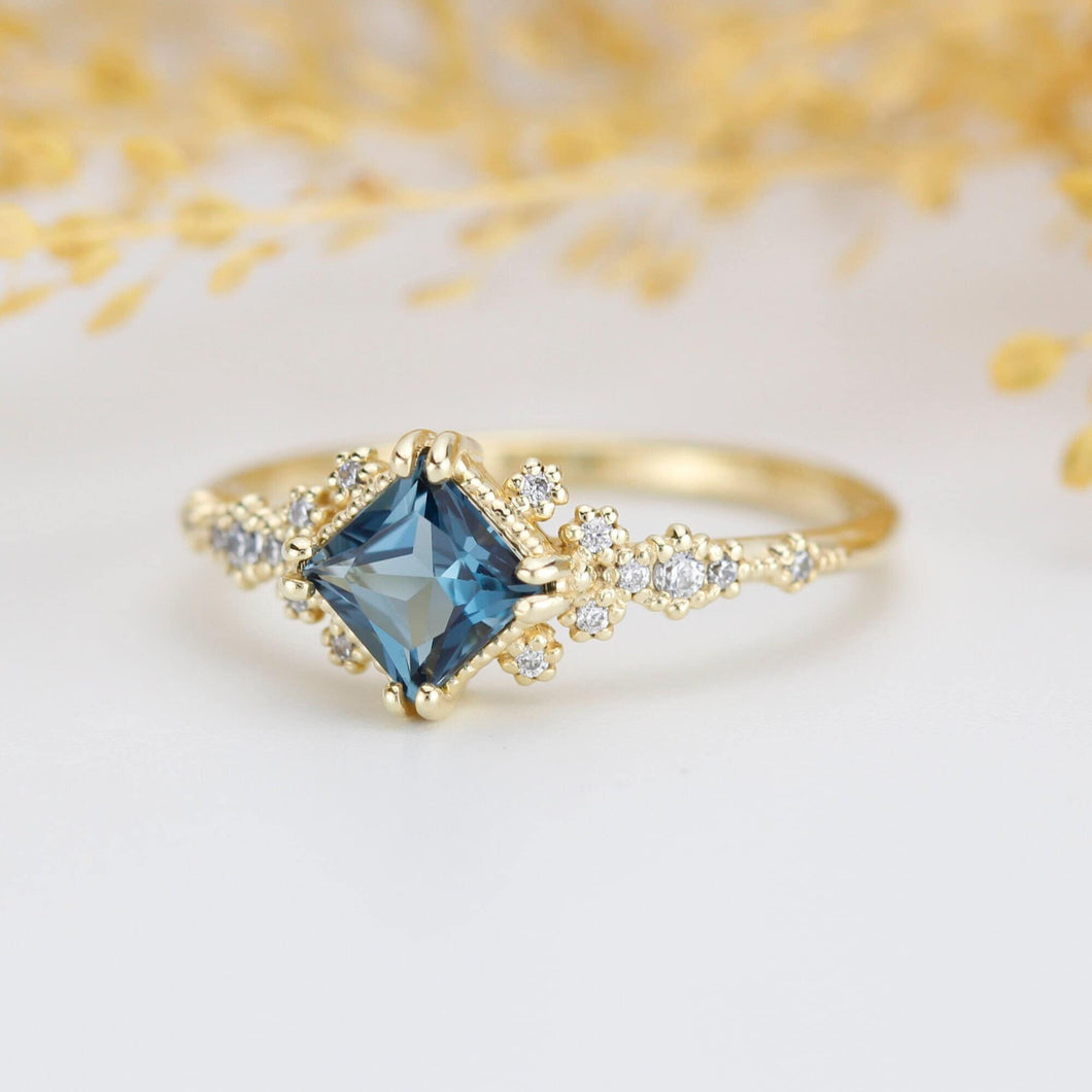 Princess cut engagement ring, vintage engagement rings London blue topaz and diamond| R339LBT - NOOI JEWELRY