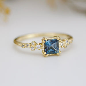 Princess cut ring, vintage engagement rings London blue topaz and diamond | R340LBT - NOOI JEWELRY