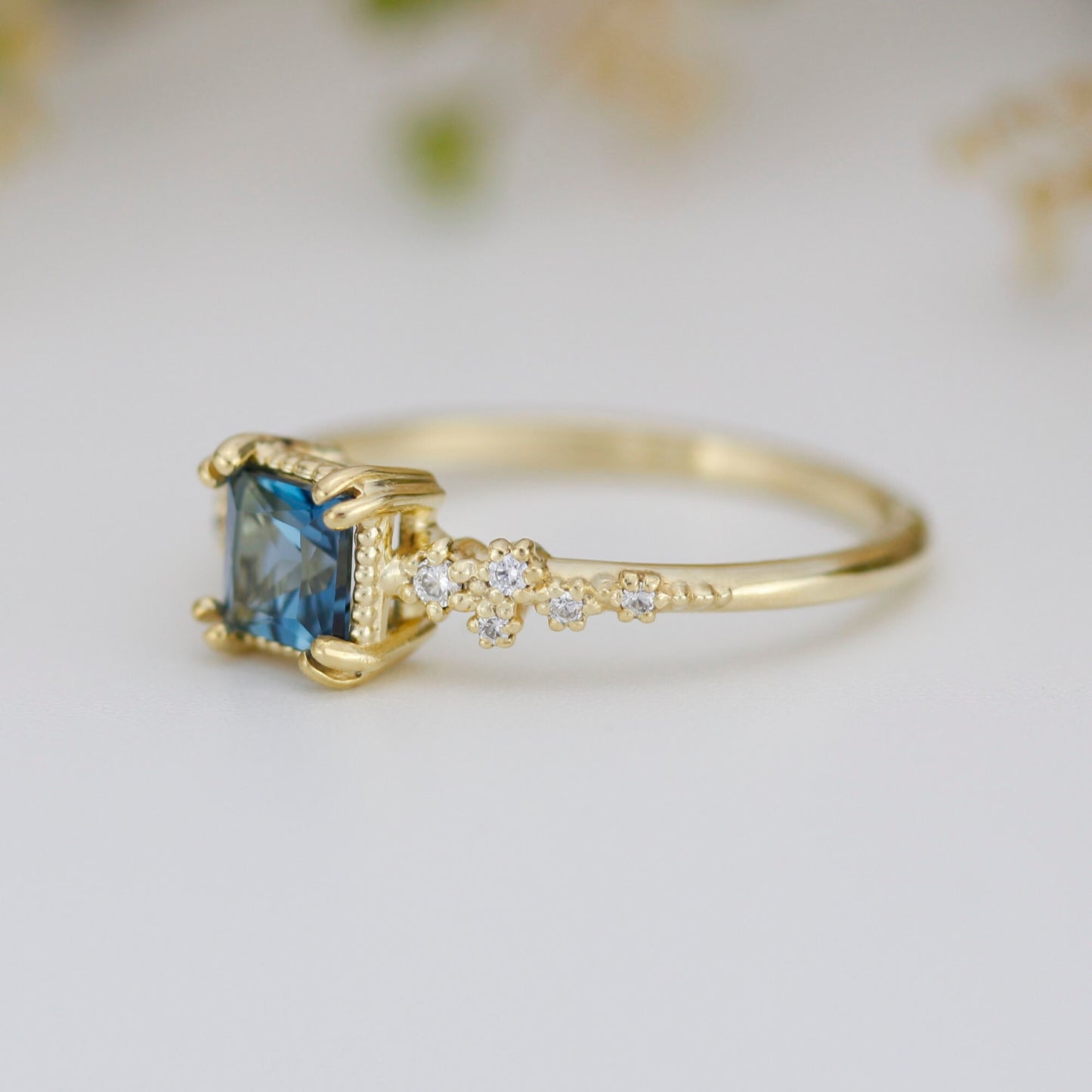 Princess cut ring, vintage engagement rings London blue topaz and diamond | R340LBT - NOOI JEWELRY