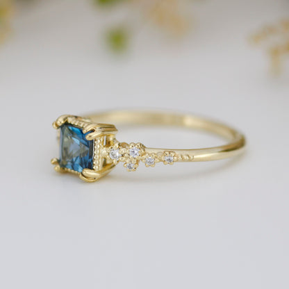 Princess cut ring, vintage engagement rings London blue topaz and diamond | R340LBT - NOOI JEWELRY