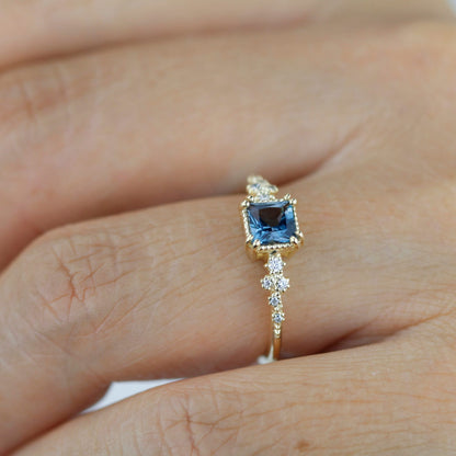 Princess cut ring, vintage engagement rings London blue topaz and diamond | R340LBT - NOOI JEWELRY