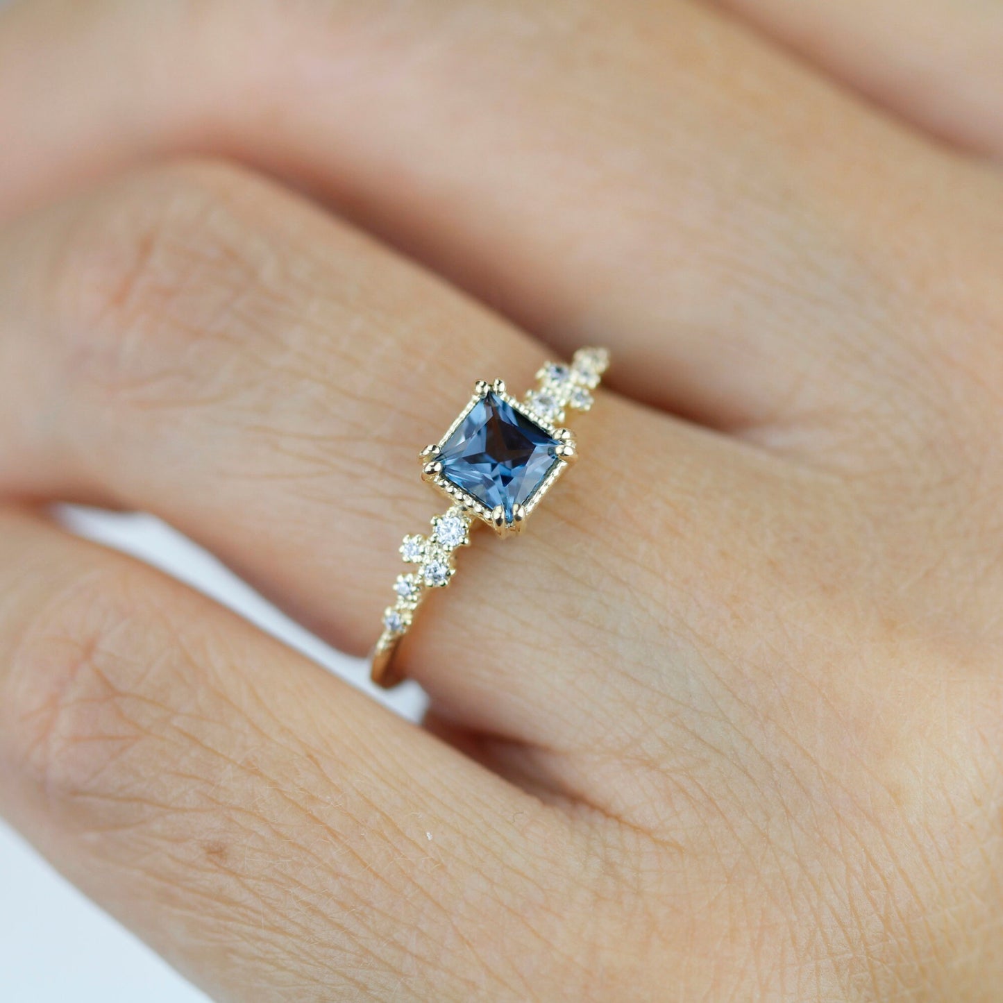 Princess cut ring, vintage engagement rings London blue topaz and diamond | R340LBT - NOOI JEWELRY