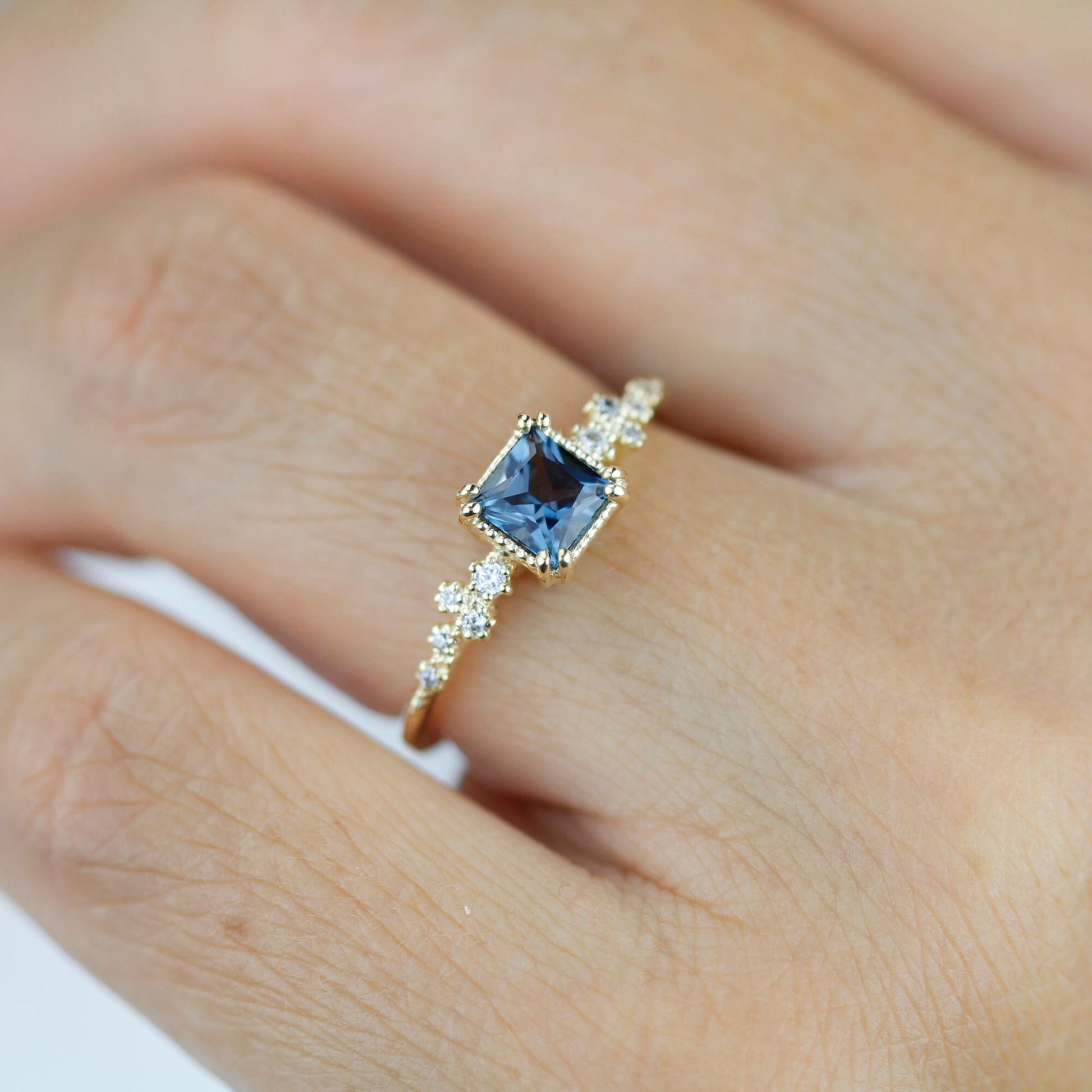Princess cut ring, vintage engagement rings London blue topaz and diamond | R340LBT - NOOI JEWELRY
