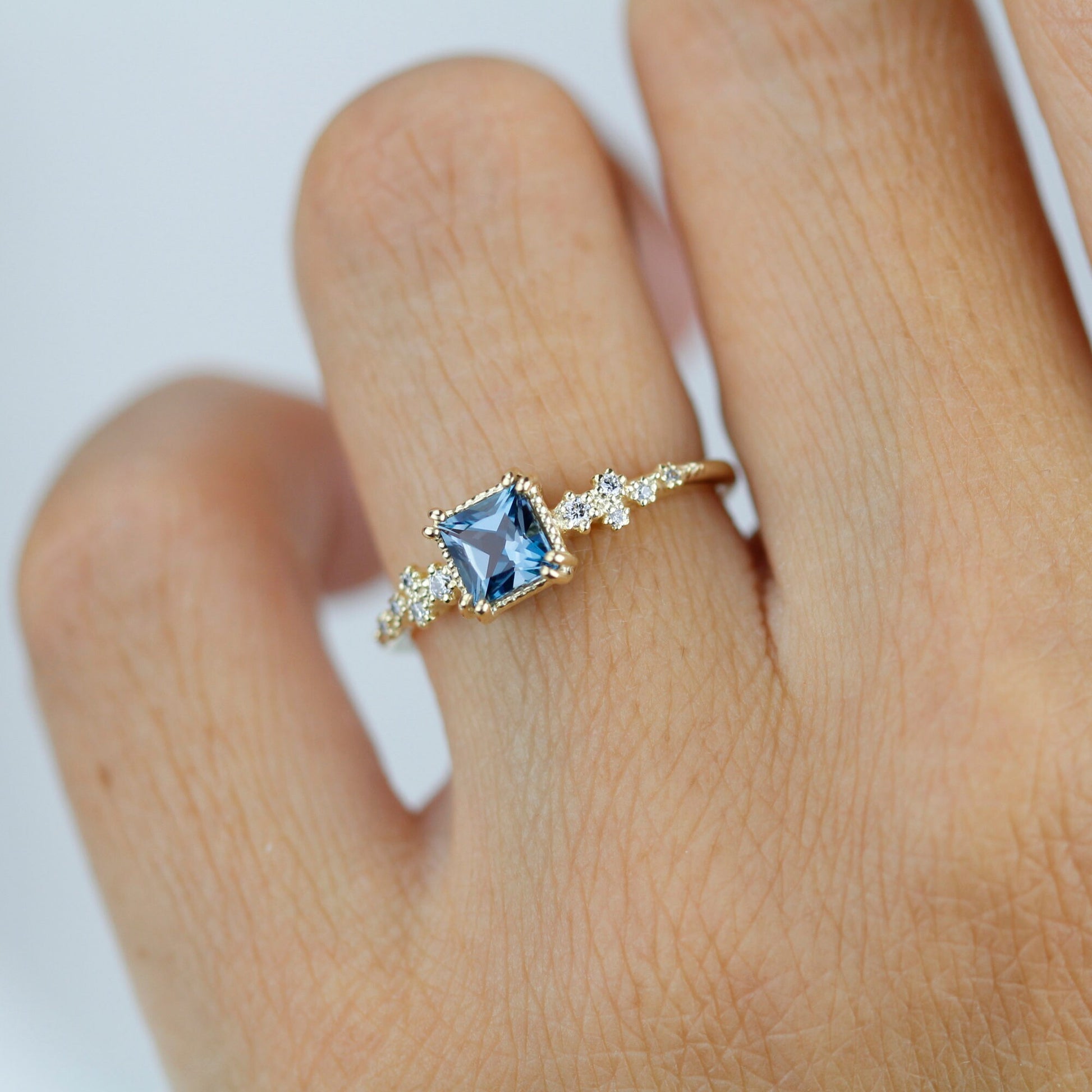 Princess cut ring, vintage engagement rings London blue topaz and diamond | R340LBT - NOOI JEWELRY