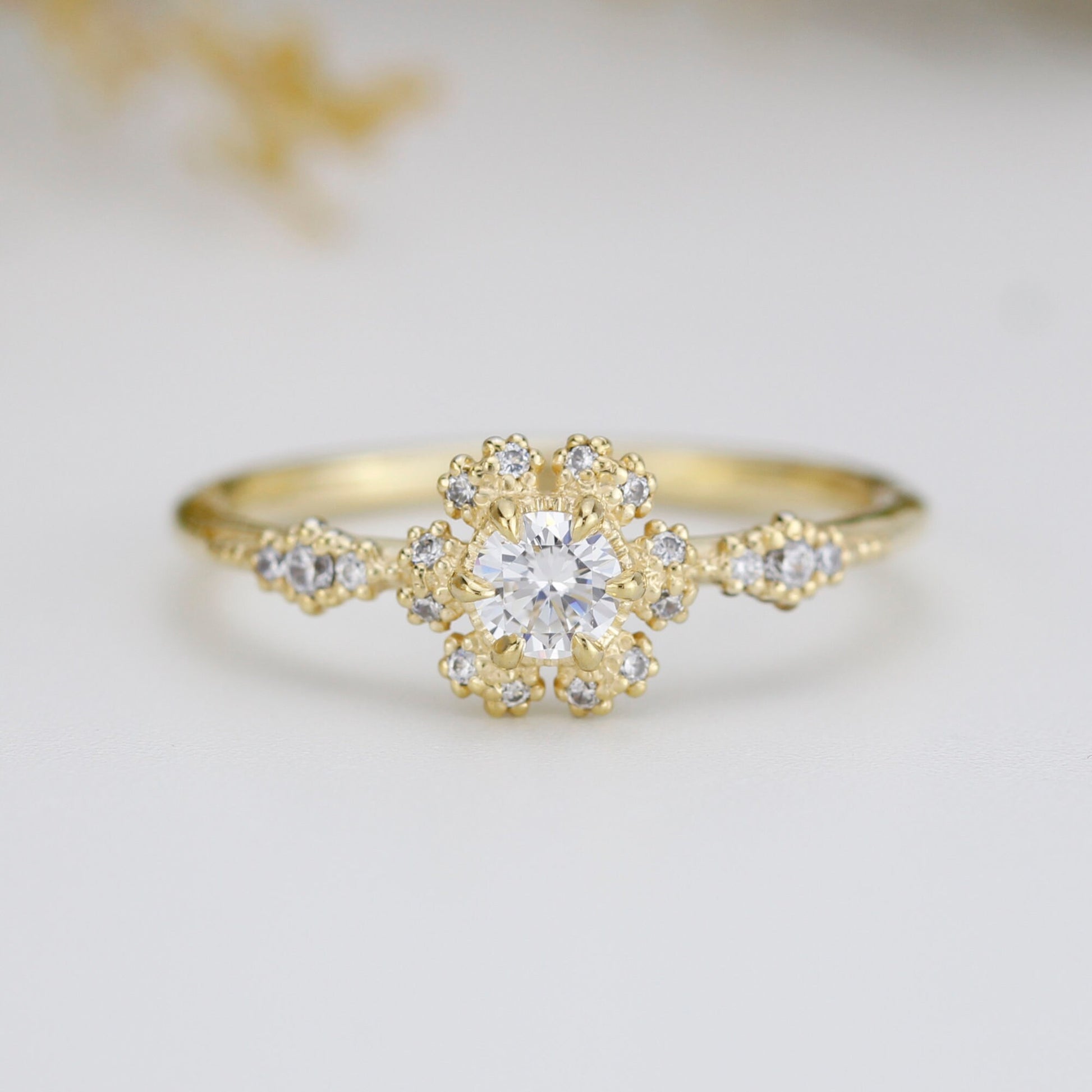 Round halo engagement ring, diamond alternative ring, unique engagement ring | R 341WD - NOOI JEWELRY
