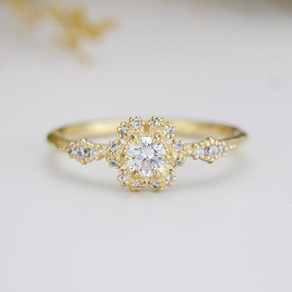 Round halo engagement ring, diamond alternative ring, unique engagement ring | R 341WD - NOOI JEWELRY