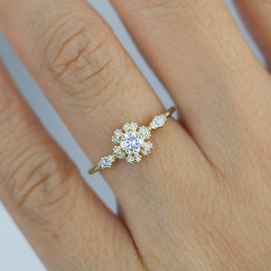 Round halo engagement ring, diamond alternative ring, unique engagement ring | R 341WD - NOOI JEWELRY