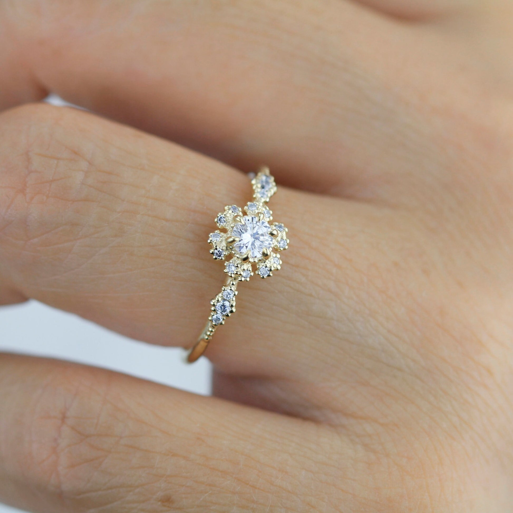 Round halo engagement ring, diamond alternative ring, unique engagement ring | R 341WD - NOOI JEWELRY