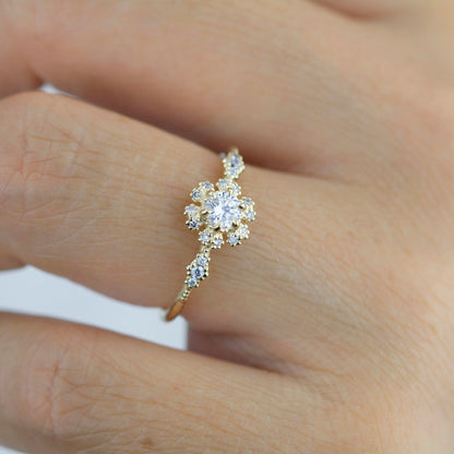 Round halo engagement ring, diamond alternative ring, unique engagement ring | R 341WD - NOOI JEWELRY