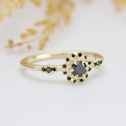 Round halo engagement ring, black diamond ring  | R 341BD - NOOI JEWELRY