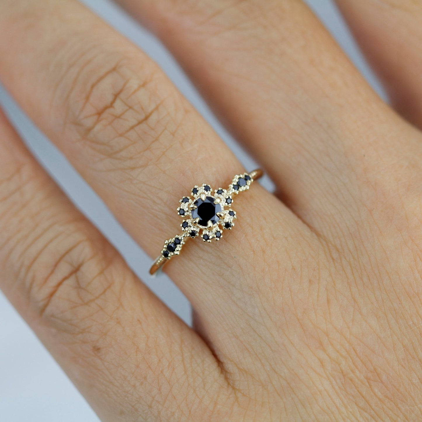 Round halo engagement ring, black diamond ring  | R 341BD - NOOI JEWELRY