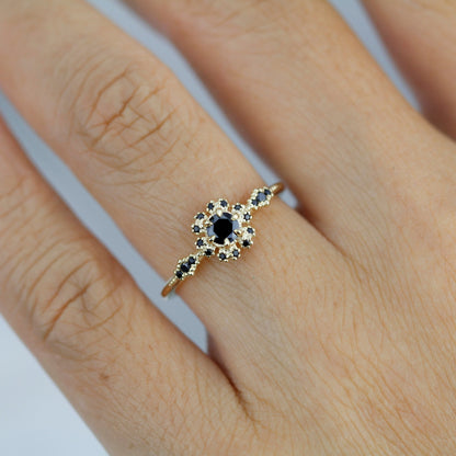 Round halo engagement ring, black diamond ring  | R 341BD - NOOI JEWELRY