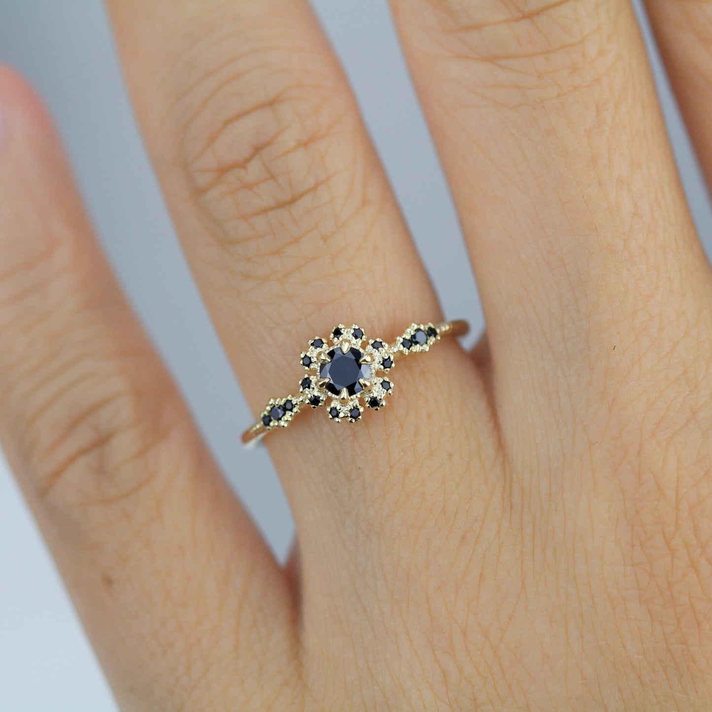 Round halo engagement ring, black diamond ring  | R 341BD - NOOI JEWELRY
