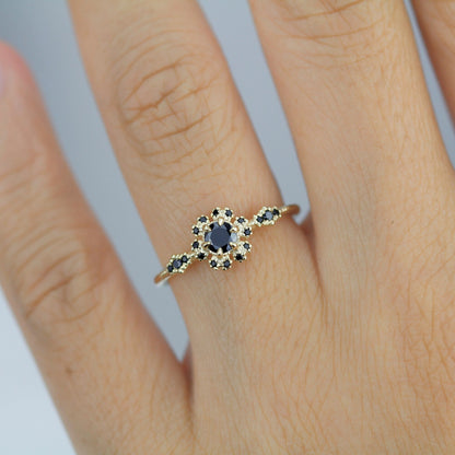 Round halo engagement ring, black diamond ring  | R 341BD - NOOI JEWELRY