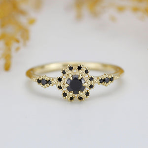 Round halo engagement ring, black diamond ring  | R 341BD - NOOI JEWELRY