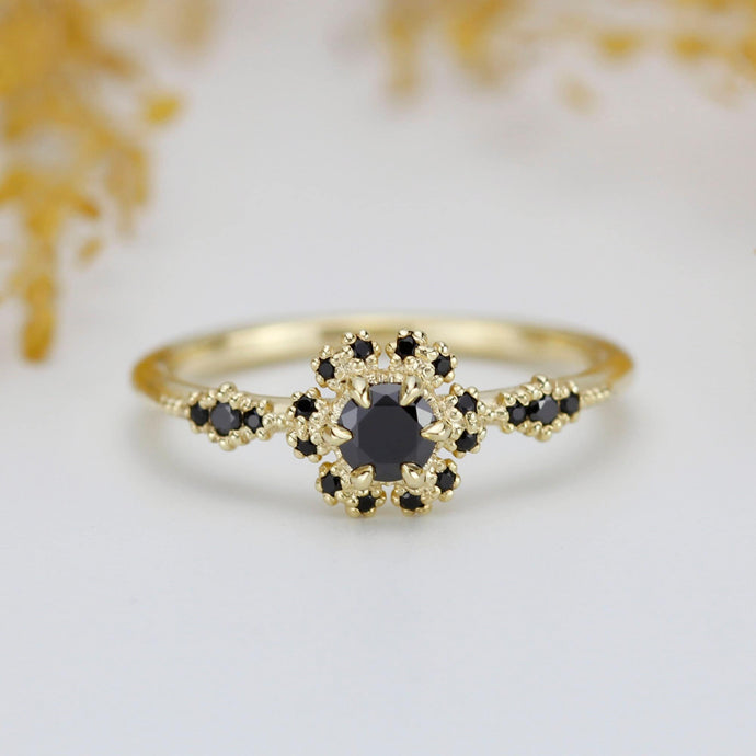 Round halo engagement ring, black diamond ring  | R 341BD - NOOI JEWELRY