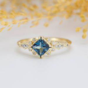 Princess cut engagement ring, vintage engagement rings London blue topaz and diamond| R339LBT - NOOI JEWELRY