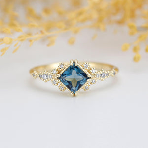 Princess cut engagement ring, vintage engagement rings London blue topaz and diamond| R339LBT - NOOI JEWELRY