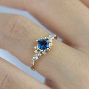 Princess cut engagement ring, vintage engagement rings London blue topaz and diamond| R339LBT - NOOI JEWELRY