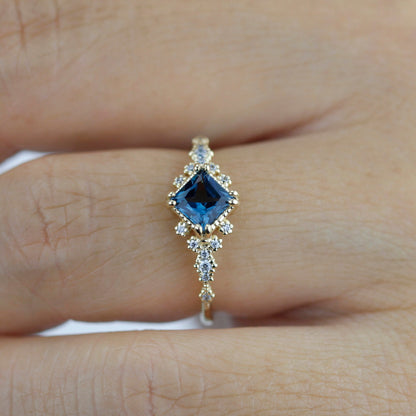 Princess cut engagement ring, vintage engagement rings London blue topaz and diamond| R339LBT - NOOI JEWELRY