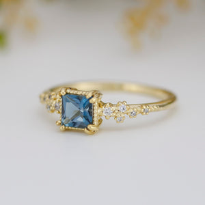 Princess cut ring, vintage engagement rings London blue topaz and diamond | R340LBT - NOOI JEWELRY