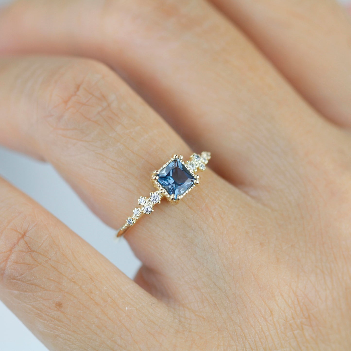 Princess cut ring, vintage engagement rings London blue topaz and diamond | R340LBT - NOOI JEWELRY