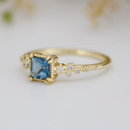 Princess cut ring, vintage engagement rings London blue topaz and diamond | R340LBT - NOOI JEWELRY
