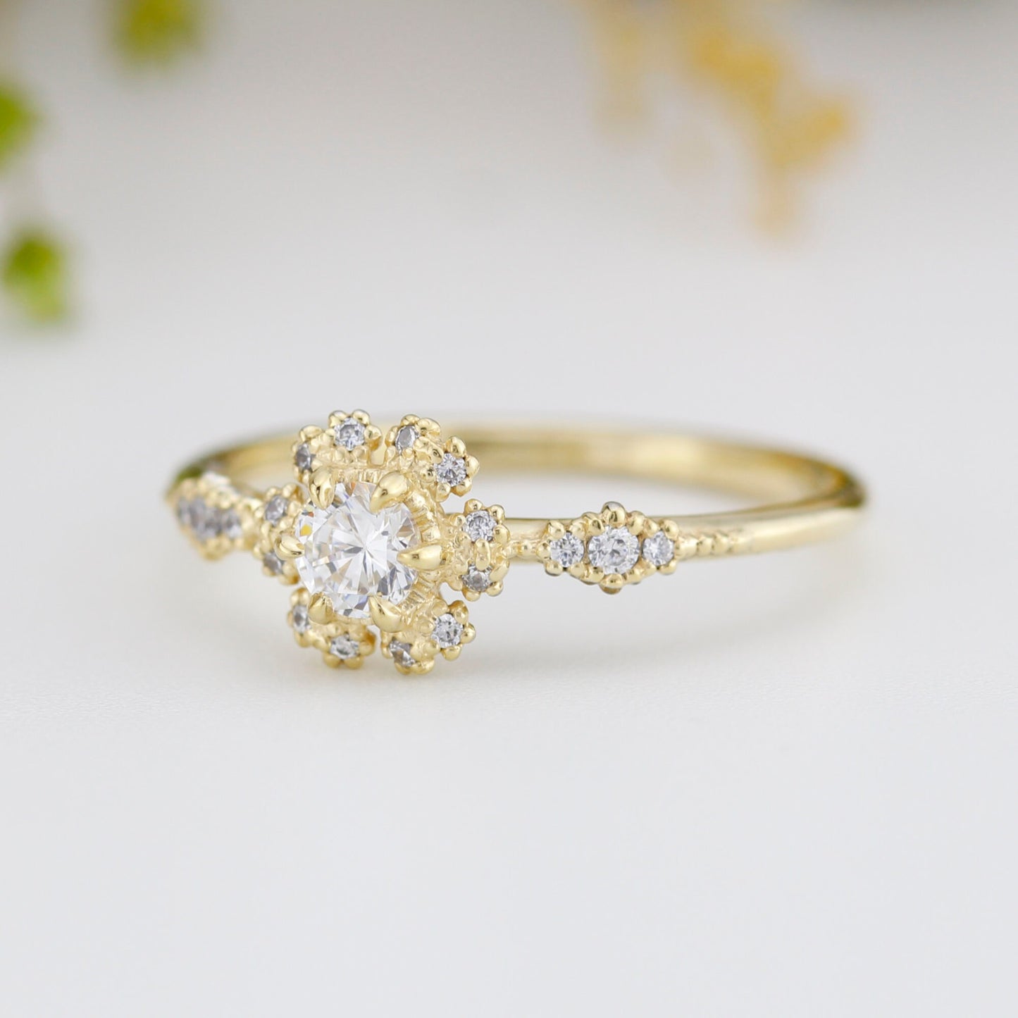 Round halo engagement ring, diamond alternative ring, unique engagement ring | R 341WD - NOOI JEWELRY