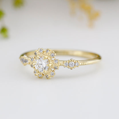 Round halo engagement ring, diamond alternative ring, unique engagement ring | R 341WD - NOOI JEWELRY
