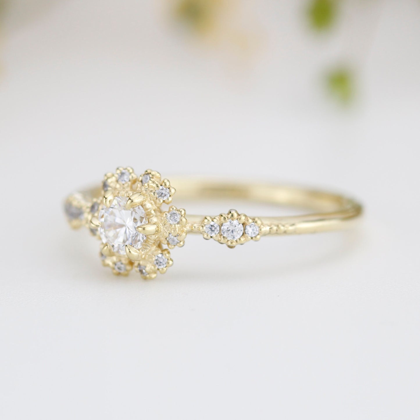Round halo engagement ring, diamond alternative ring, unique engagement ring | R 341WD - NOOI JEWELRY