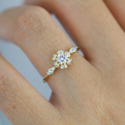Round halo engagement ring, diamond alternative ring, unique engagement ring | R 341WD - NOOI JEWELRY