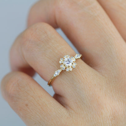 Round halo engagement ring, diamond alternative ring, unique engagement ring | R 341WD - NOOI JEWELRY