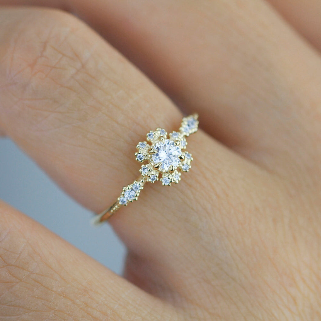 Round halo engagement ring, diamond alternative ring, unique engagement ring | R 341WD - NOOI JEWELRY